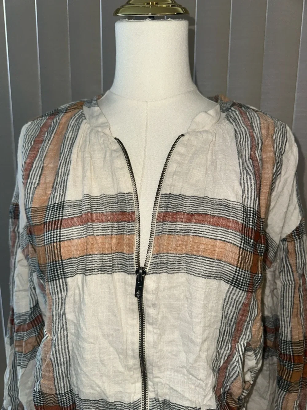 Free People Plaid Zip-Up Lightweight cotton Jacket in Cream, Brown, Black
